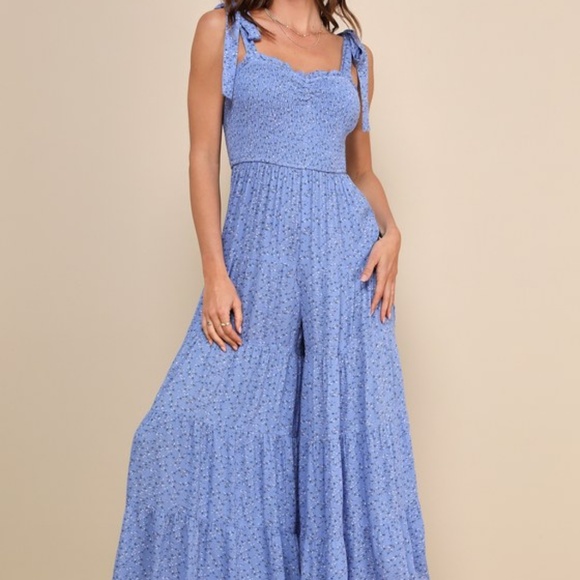 Lulus periwinkle Floral Smocked Tie-strap Jumpsuit - Picture 1 of 5